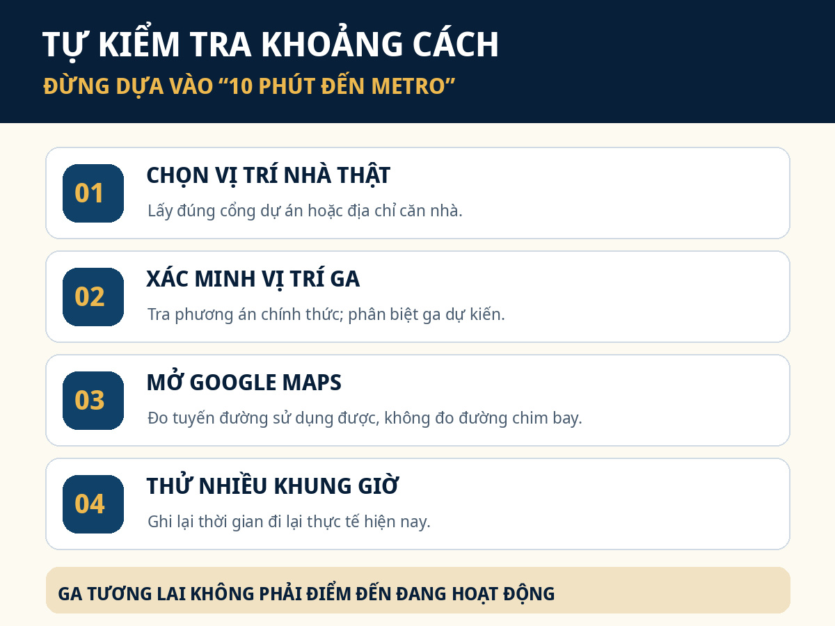 Bốn bước tự kiểm tra quãng đường và thời gian thực tế thay cho lời quảng cáo gần metro