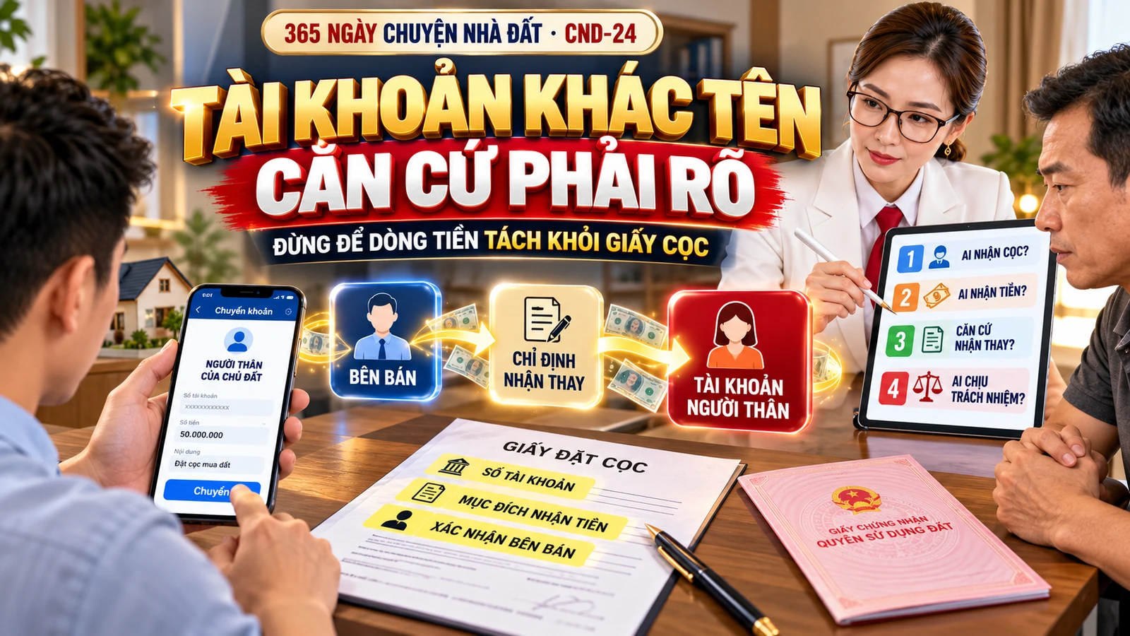 Chuyển tiền đặt cọc nhà đất vào tài khoản người thân của chủ đất